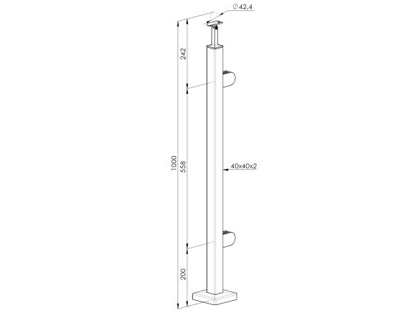 Edelstahl Geländerpfosten rechts 40x40 Bauhöhe 1000mm Vierkantrohr mit Glashalter Vierkant Eckpfosten